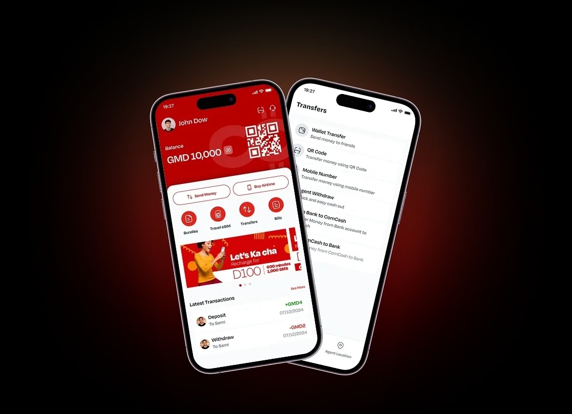 ComCash app home and transfer screens