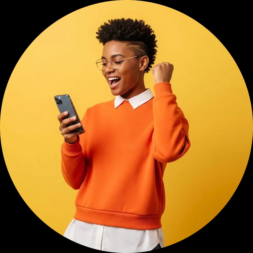 A happy Comium customer celebrating while using her phone