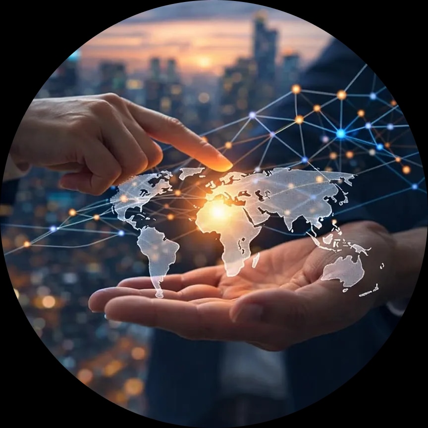A connected world map representing nationwide coverage